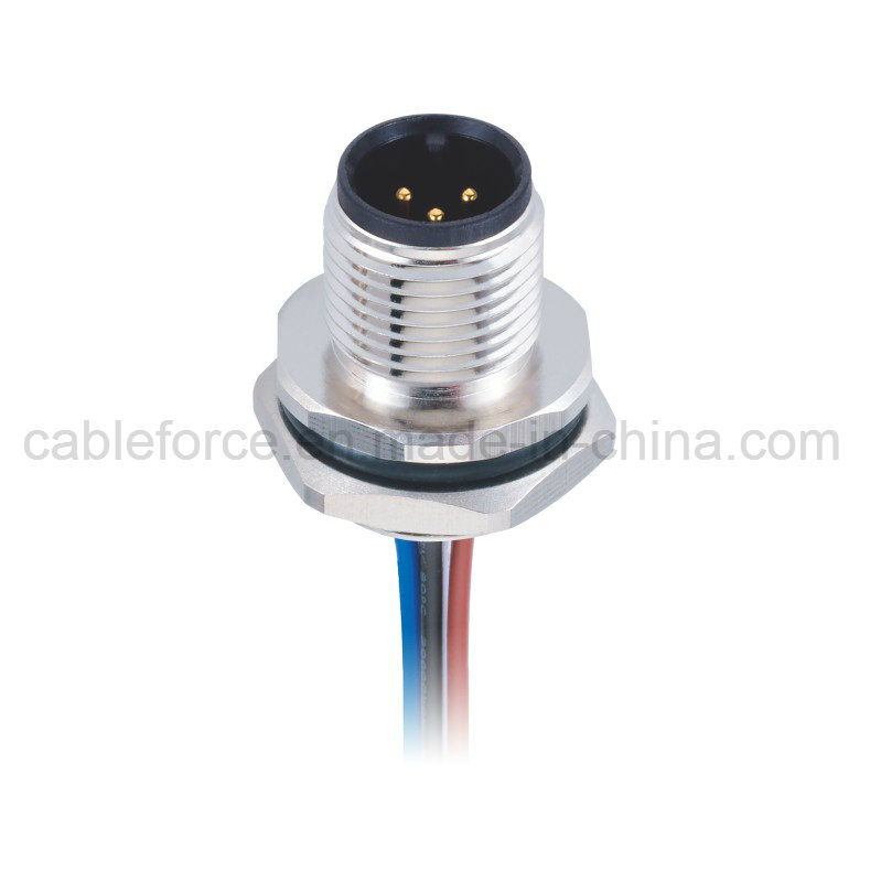 M12 3 Pin Male Panel Mount Connector Rear Fastened Socket IP67 Waterproof Connector