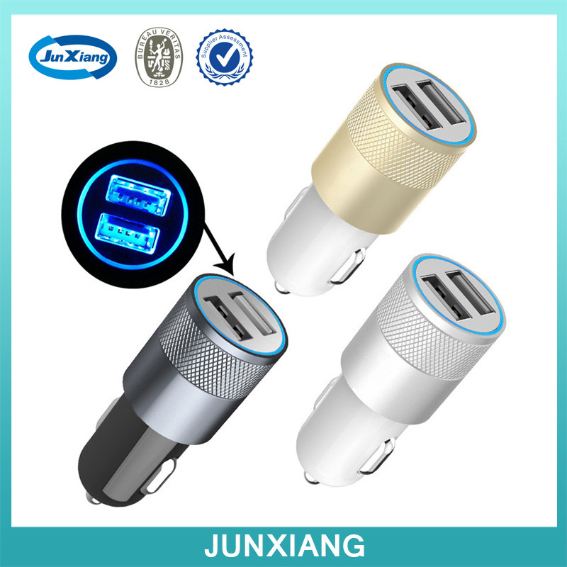 Dual Automatic Luminescent Aluminum PC Car Charger with Two Ports