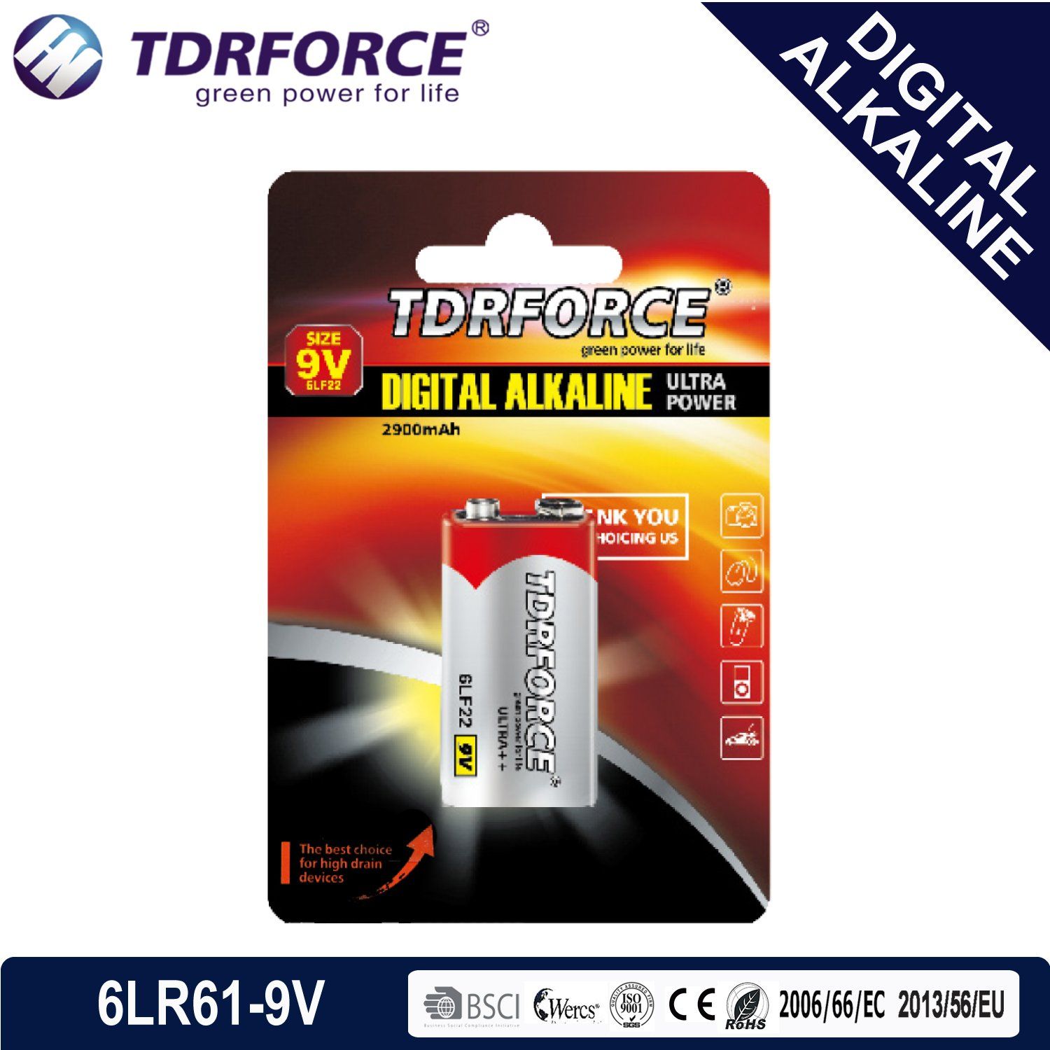 9V Non-Rechargeable Digital Alkaline Dry Cell 6lr61-9V Battery