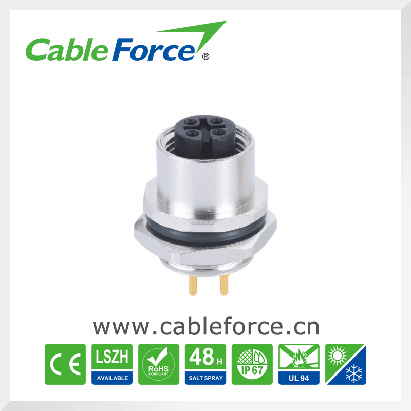M12 4pin Panel Mount Connector Rear Fastened IP67 Connector with PCB Contacts