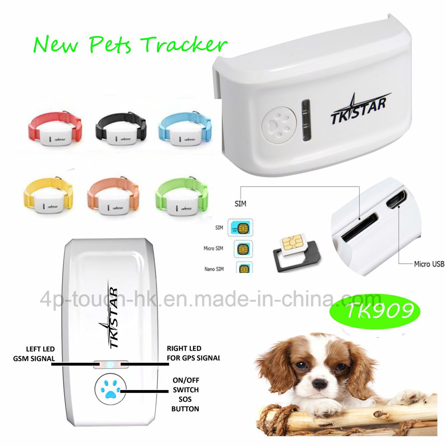 Mini Pets GPS Tracker with Collar for Dogs/Cats/Sheep/Rabbit Tk909