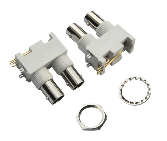 Right Angle White Plastic Double BNC Connector