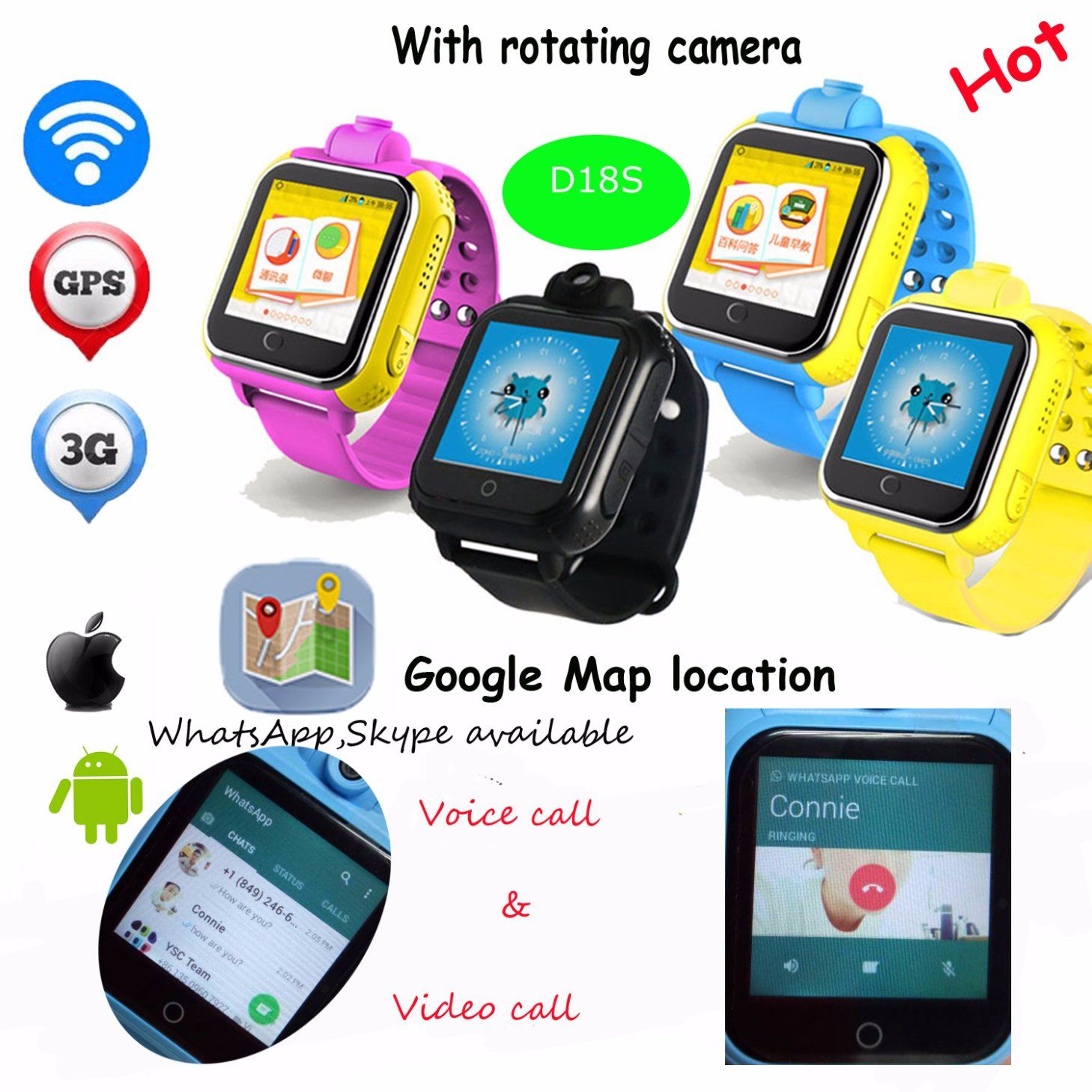 3G/WCDMA Kids GPS Tracker Watch with Video Calls D18s