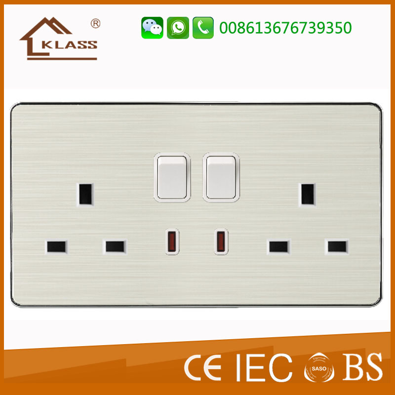 Double 13A Metal Material UK Wall Socket Switch