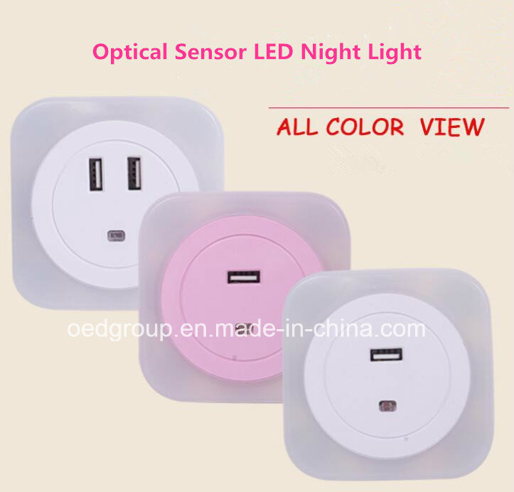 CE/RoHS Optical Sensor LED Night Lamp with Two USB Sockets