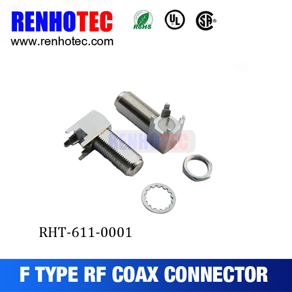 Right Angle Nickel Plated 75 Ohm F Female PCB Connector