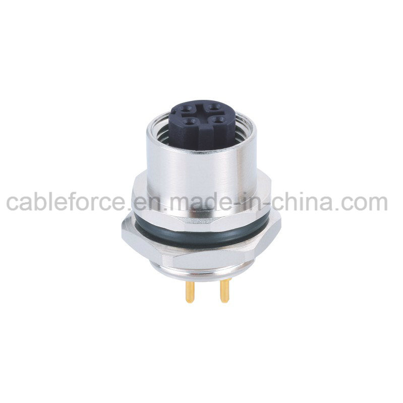 M12 4 Pin D-Code Female Rear Mounting Connector with PCB Contacts