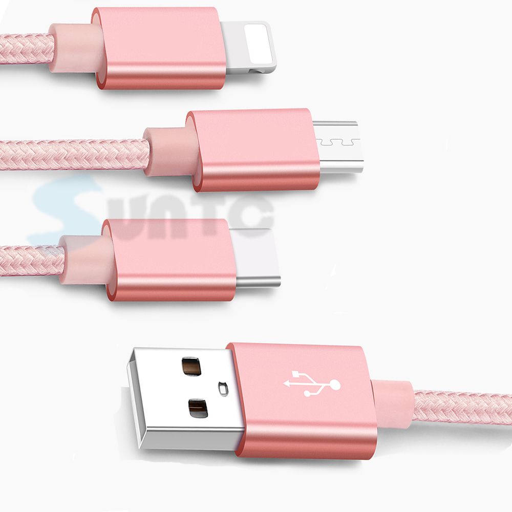 Wholesales Nylon Braided 3 in 1 Micro USB Cable Charger Type C 8pin for iPhone and Android