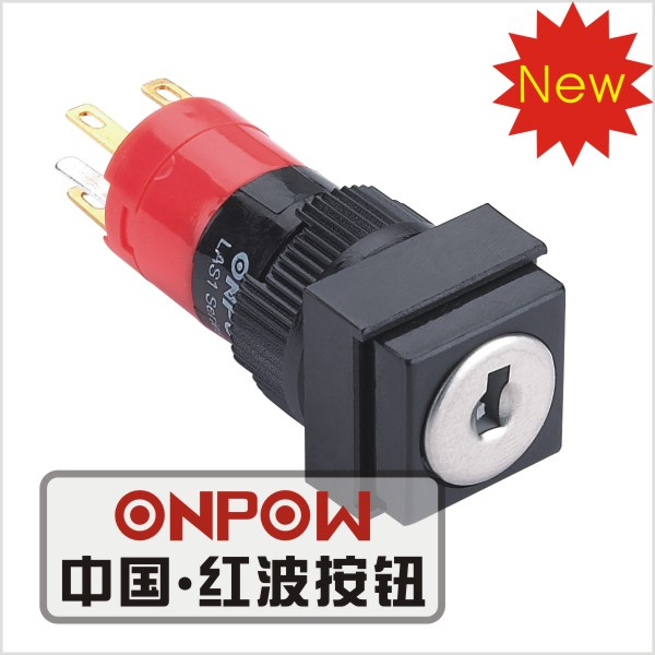 Onpow 16mm Key Lock Square Selector Push Button Switch (LAS1F-11Y/2/JC) (Dia. 16mm) (CE, CCC, RoHS, REECH)