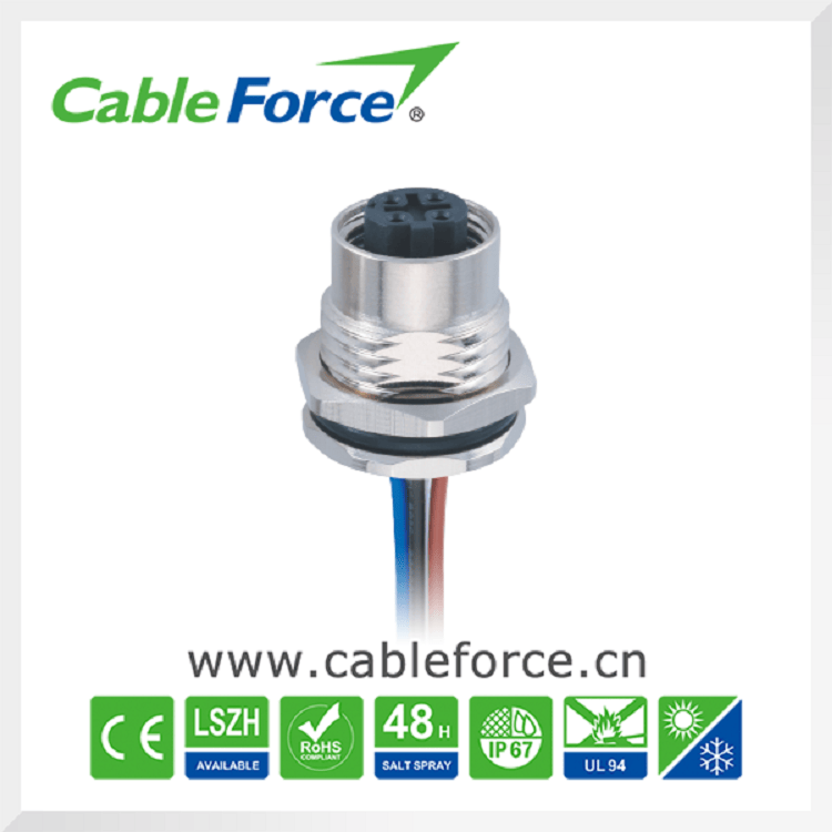 M12 4 Pin D-Code Female Straight Panel Mount Connector with CNC Screw
