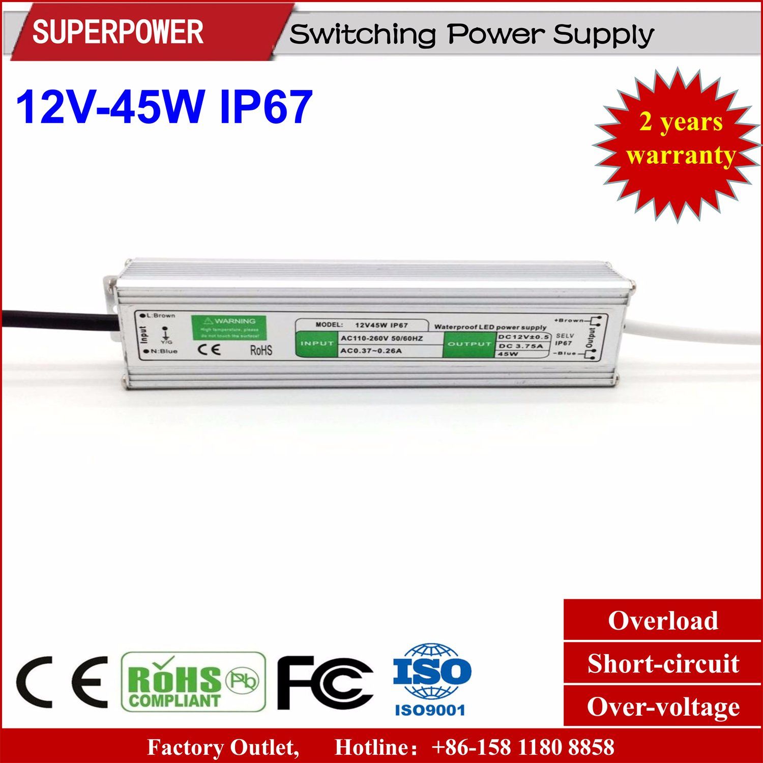 Constant Voltage 12V 45W LED Waterproof Switching Power Supply IP67