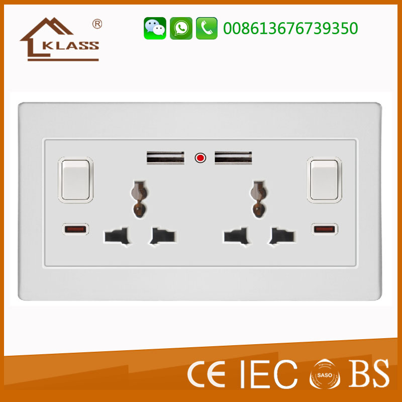 UK Standard 2 Gang 2 USB Port Wall Charger Power Switch Socket