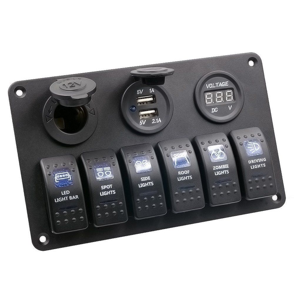 Digital Voltmeter 12V Cigarette Socket Double USB Power Charger Adapter Flush Mount Waterproof 6 Gang Rocker Switch Panel Black for RV Car Boat
