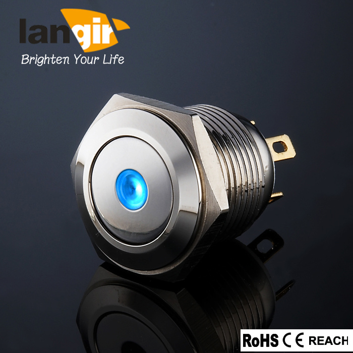 Ls16 Waterproof Flat Nickel Plated Brass DOT Momentary Pushbutton Switch with Blue LED