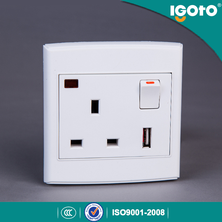UK Standard 1gang 13A USB Switched Socket with Neon Use for Home
