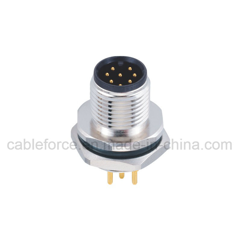 M12 8 Pin Male Rear Mounting Panel Mount Connector with PCB Contacts