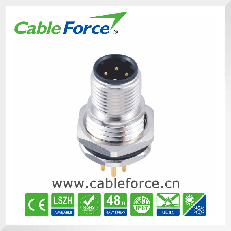 M12 Female Connector 4pin Panel Mount Front Fastened Connector with PCB Contacts for Packaging and Labeling