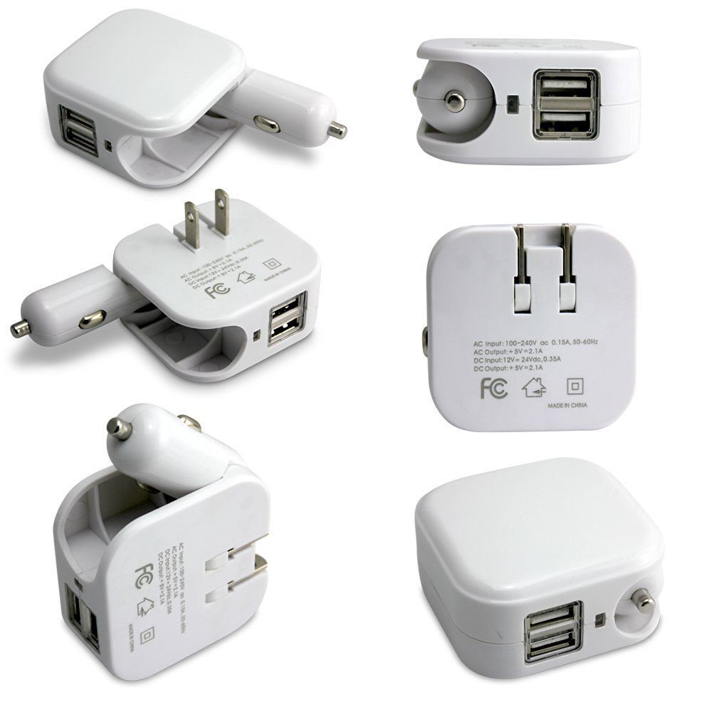 Folding Home Travel 5V 2.1A Dual USB Wall Power Adapter 2 in 1 Car Charger