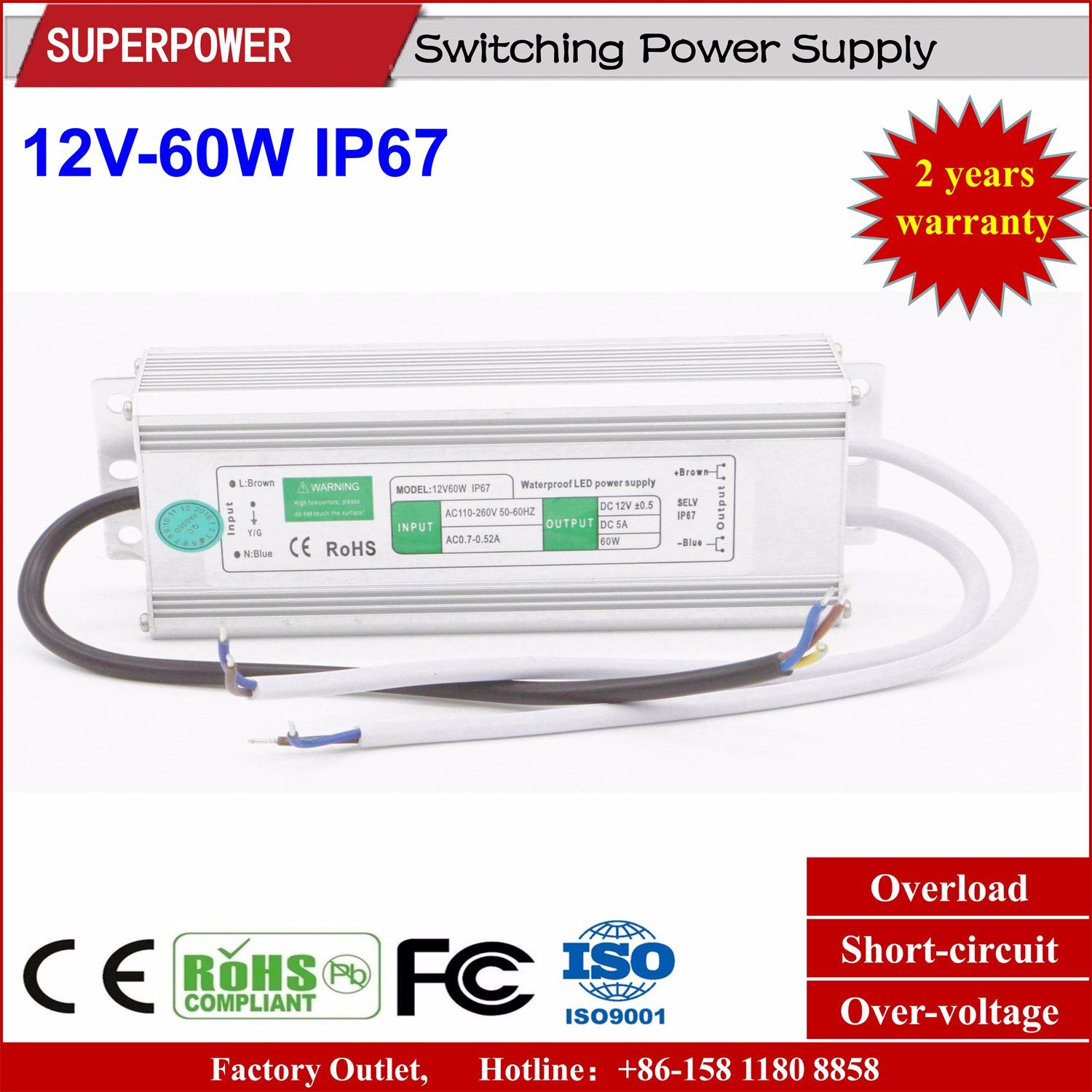 Constant Voltage 12V 60W LED Waterproof Switching Power Supply IP67