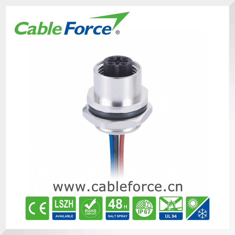 M12 5 Pin Female B-Code Panel Mount Circular Connector with Wire