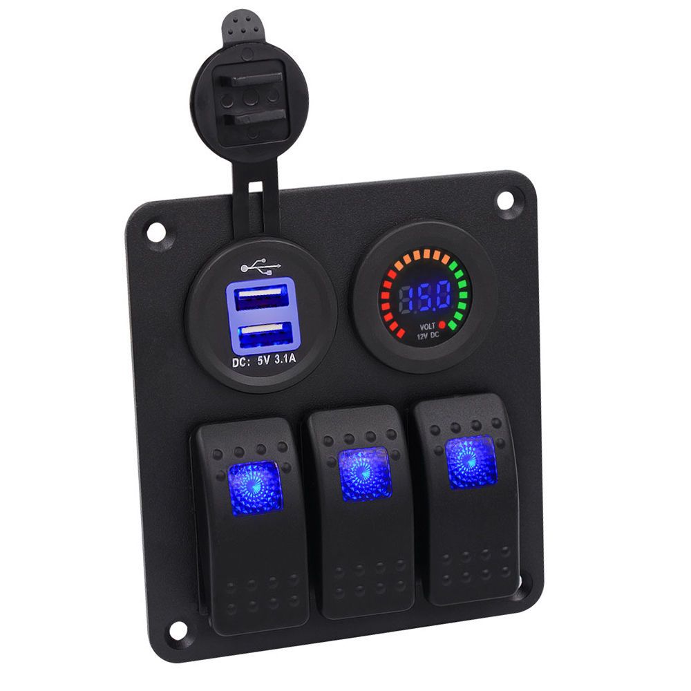 3 Gang Dual USB Charger Voltmeter Rocker Switch Panel