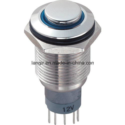 16mm High Flat Head Waterproof Push Button Switch, Blue Ring Illuminated Switch