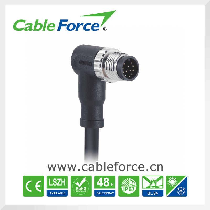 M12 12 Pin a-Code Male Right Angled Molded Cable Connector for Sensor with CNC Screw Waterproof Connector