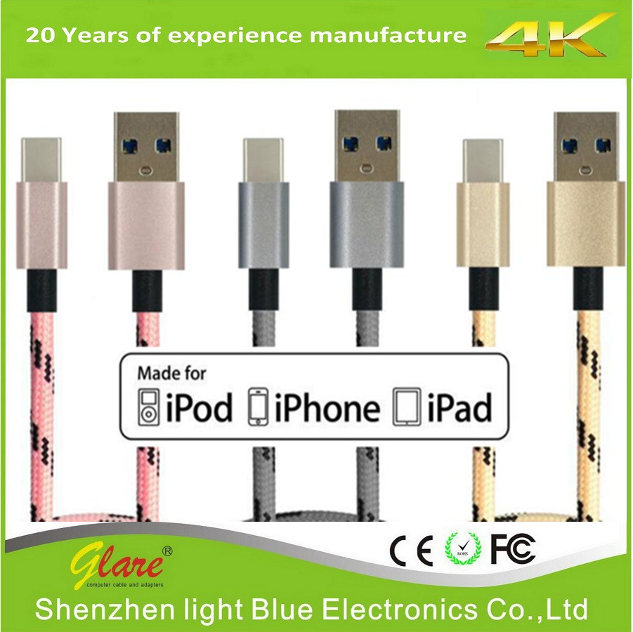 3FT 6FT 10FT Nylon Braided Lightning USB Cable with Metal Plug