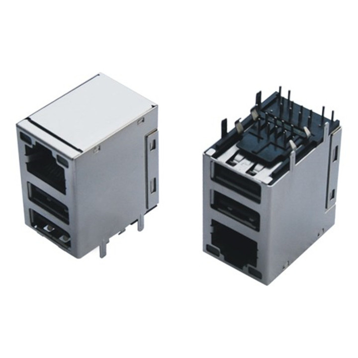 Right Angle Single Port RJ45 Connector with a Stacked USB