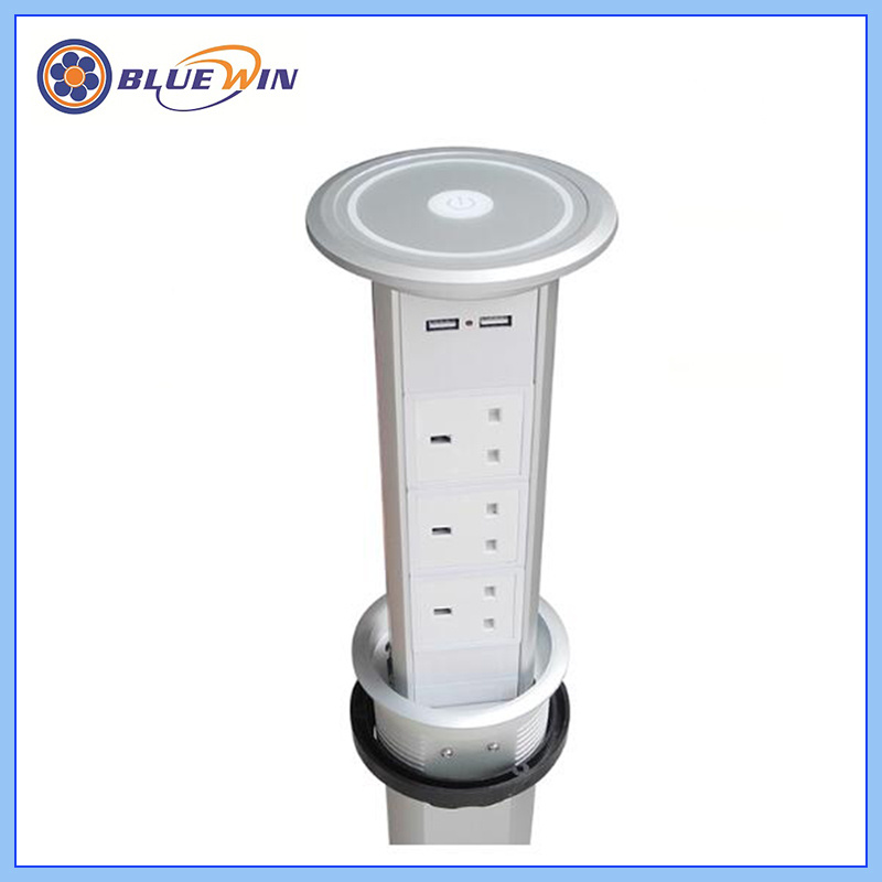 Silver One-Key Intelligence Pop up Desktop Socket with 3 UK Power and 2 USB Charger for Kitchen