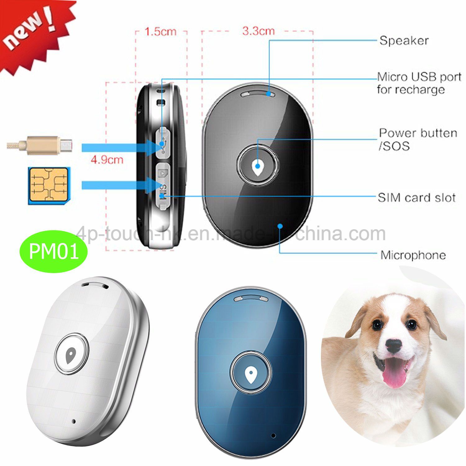 Geo Fence Sos Mini/Tiny GPS Tracker for Child/Personal/Pet Pm01