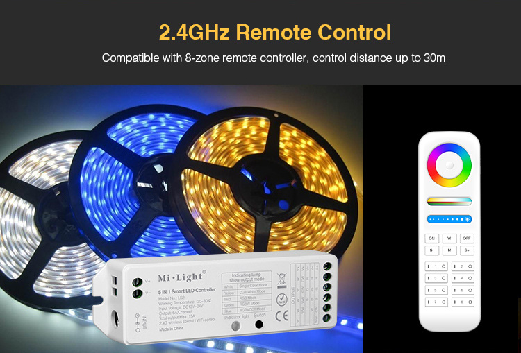 5 in 1 Smart LED Controller for Single Color Dimming/CCT/RGB/RGBW/RGB+CCT LED Strip Light
