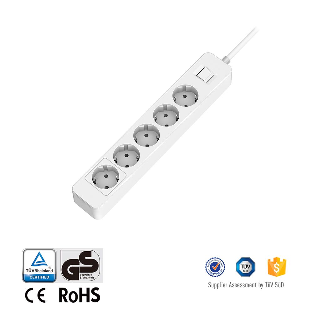 GS/CE Approved Extension Socket 5 Outlet Flexible Length Cord EU Electrical Multi Power Strip