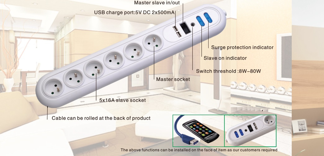 6 Outlets French Type Functions Master-Slave Socket with USB Charge Port