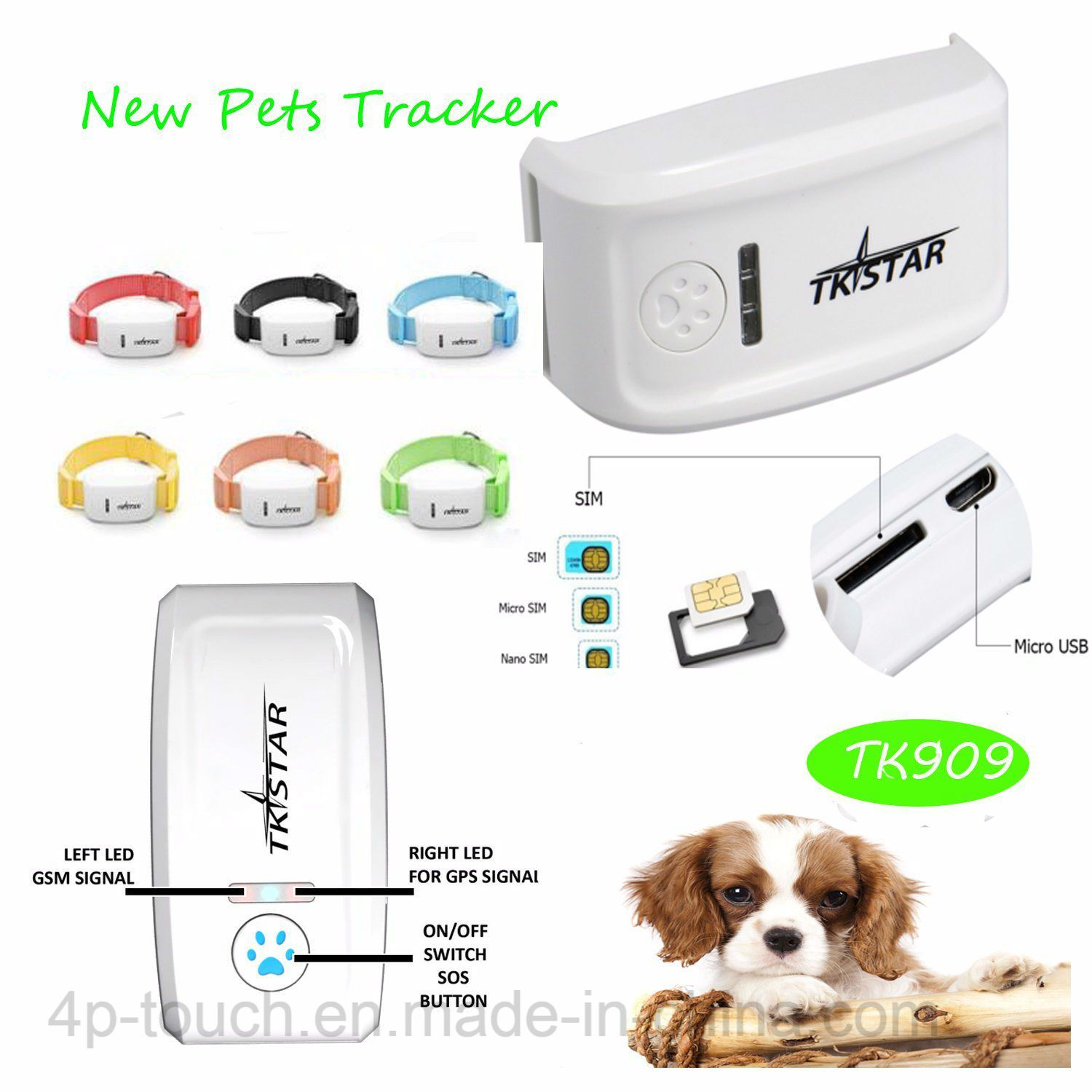 Newest Mini GPS Tracker for Cat/Dog with Multi-Color Collar Tk909