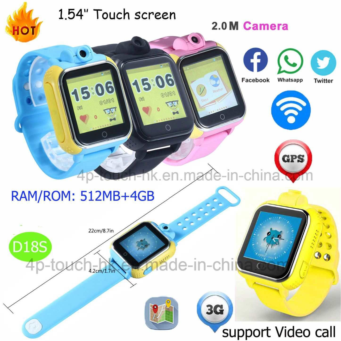 2017 Hot Selling GPS Tracking Watch with 512MB+4GB D18s