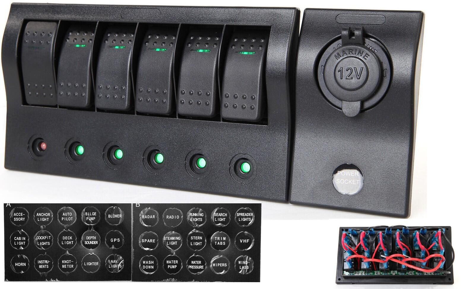 for 15A Marine Boat 6 Gang Rocker Switch Panel Plus Cigarette Socket Switch Panel