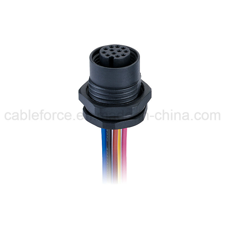 M12 12pin Female Panel Front Mounting Connector with Wires Plastic Screw