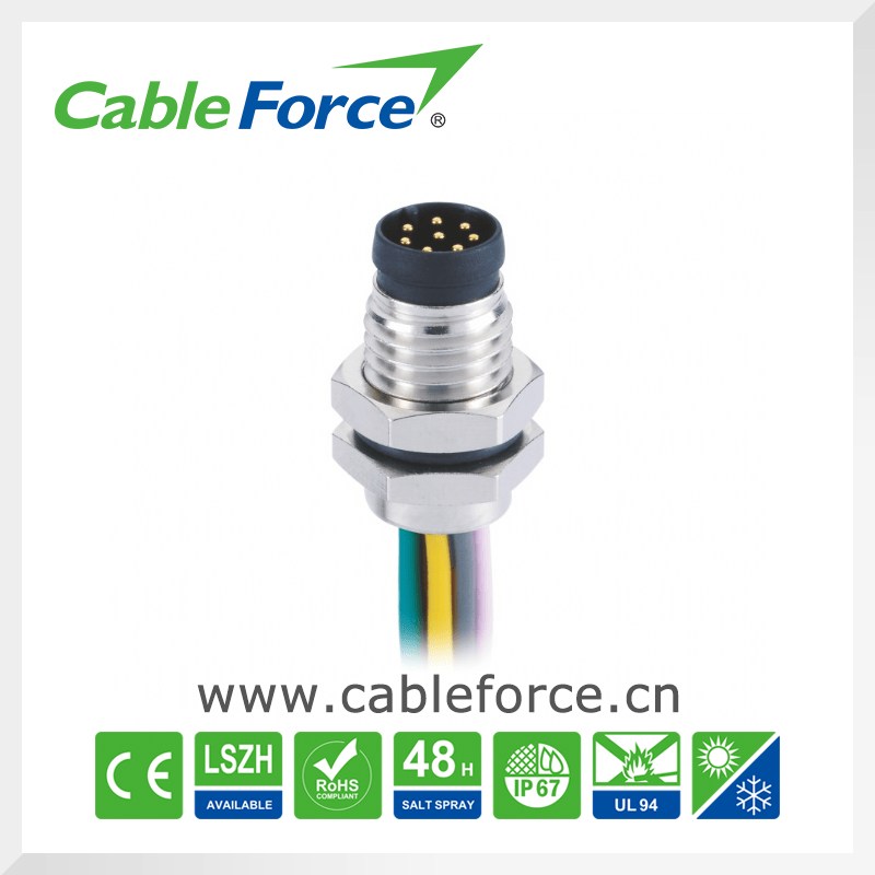 8pin M8 Male Front Mounting Connector for Industrial Automation with Wires