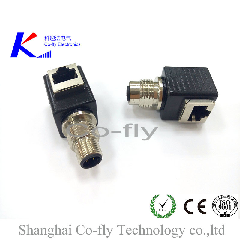 M12 Male Elbow 3, 4, 5, 6, 8, 10 Pin Plug with Female RJ45 Socket
