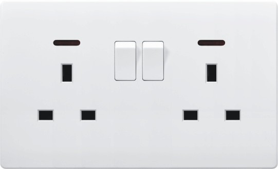British Standard White Double 13A Switched Socket Outlet with Neon