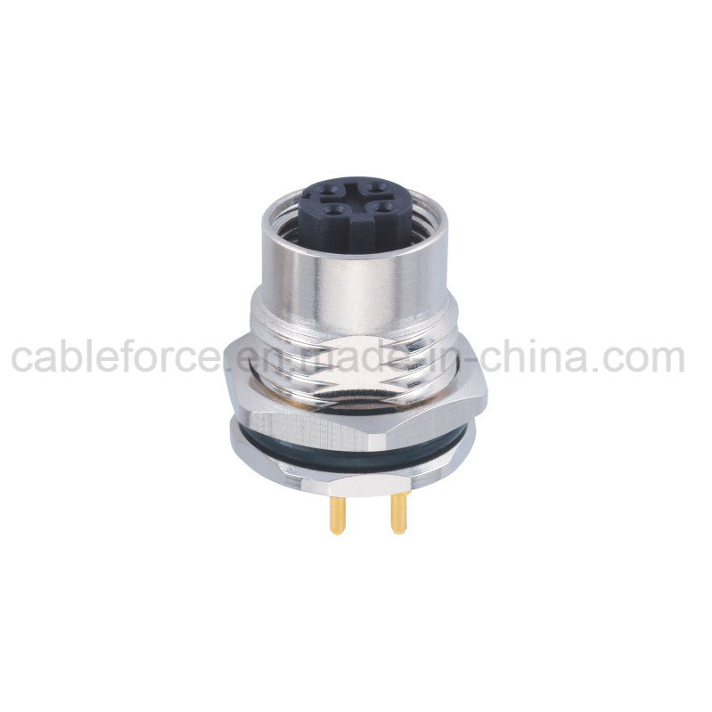 M12 4 Pin D-Code Female Panel Mount Connector for Sensor and Actuator with PCB Contacts