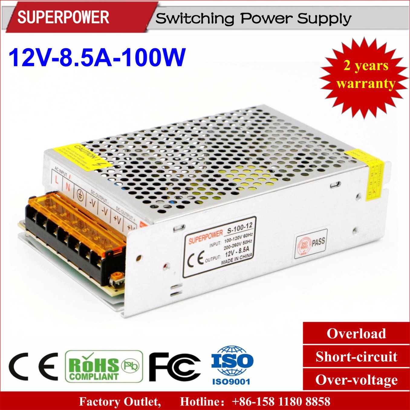 12V 8.5A 100W Switching Power Supply for LED Lighting