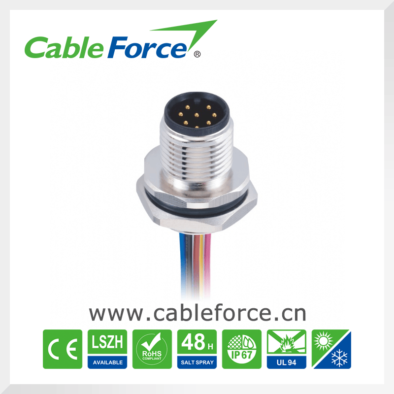 M12 8pin Male Circular Connector Panel Rear Mounting Wire Connector for Factory Automation