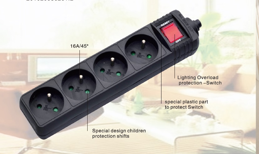 4 Outlets Power Socket, Power Strip with Lighting Overload Protection (GGFNB-04KD)