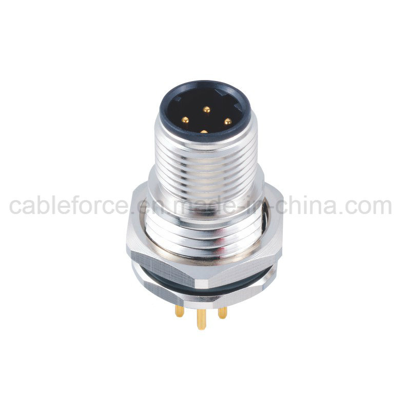 M12 4 Pin D-Code Male Front Fastened Panel Mount Connector with PCB Contacts