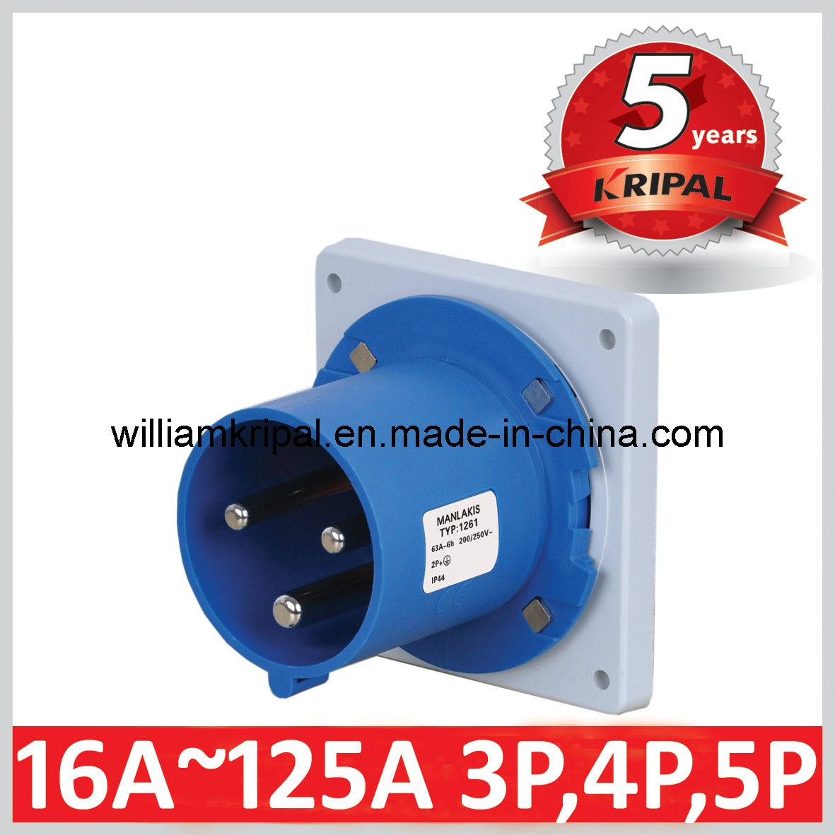 IP44 63A 2p+E Industrial Panel Mounted Plug