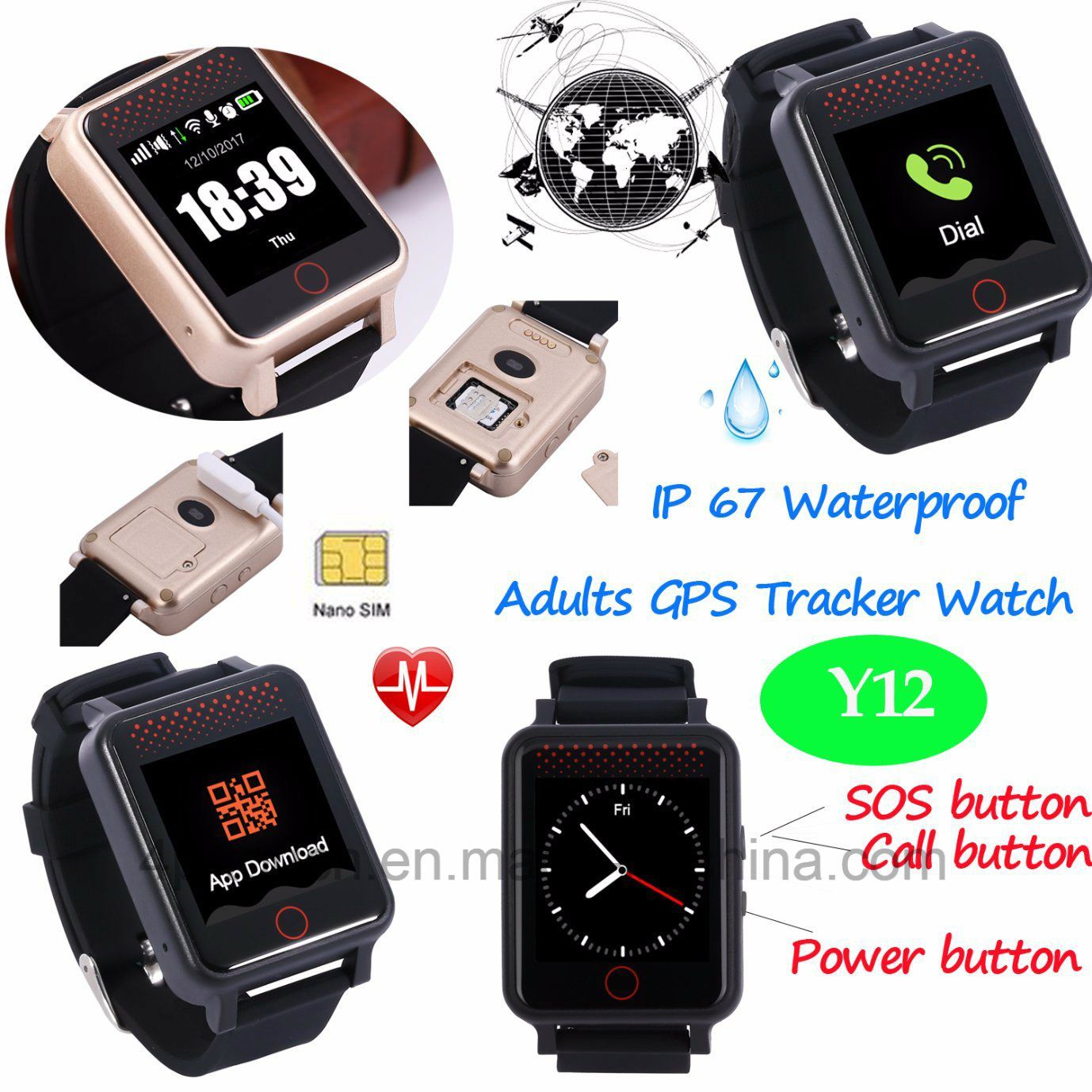 IP67 Waterproof 1.54 Touch Screen Elderly GPS Tracker Watch Y12