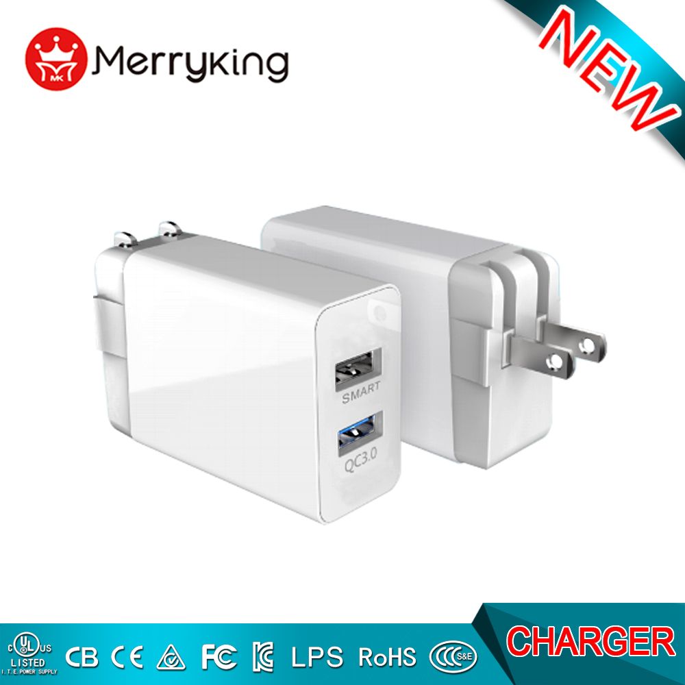 Squared Shape Us EU UK Plug 5V 2.4A Smart QC 3.0 Quick Phone Charger