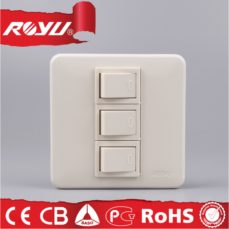 Colourful Three Gang British Standard Lighting Switch, 250V Wall Switch